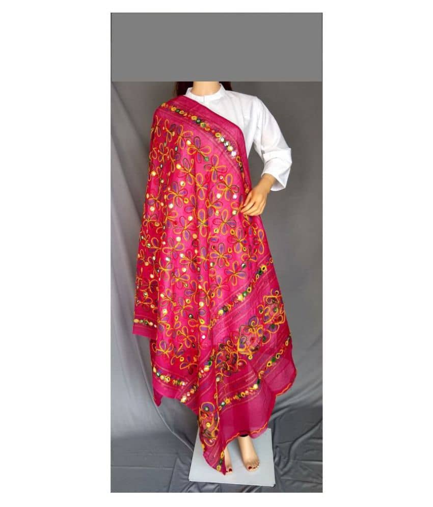 Raj Pink Cotton Kutch Embroidered Dupatta - Dupattas & Shawls | Buy online on ZillyBuy