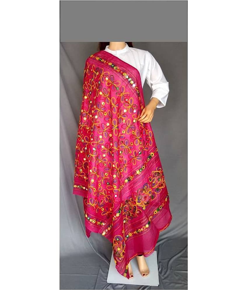 Raj Pink Cotton Kutch Embroidered Dupatta - Dupattas & Shawls | Buy online on ZillyBuy
