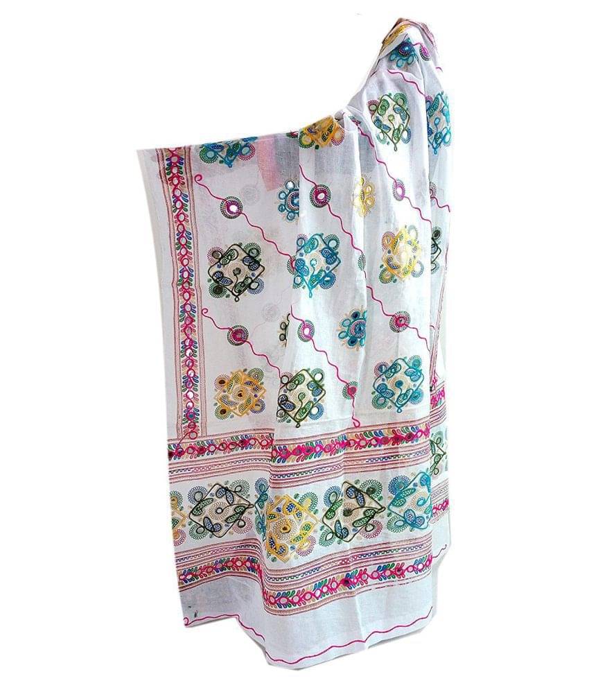 Raj White Cotton Hand Embroidered Dupatta     			Raj White Cotton Hand Embroidered Dupatta