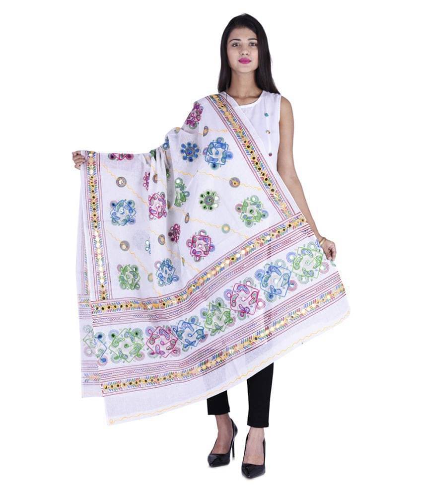     			Raj White Cotton Kutch Embroidered Dupatta