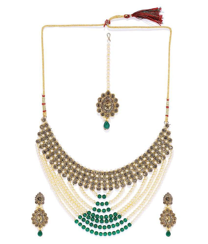     			Spargz Alloy Green Choker Traditional Gold Plated Necklaces Set