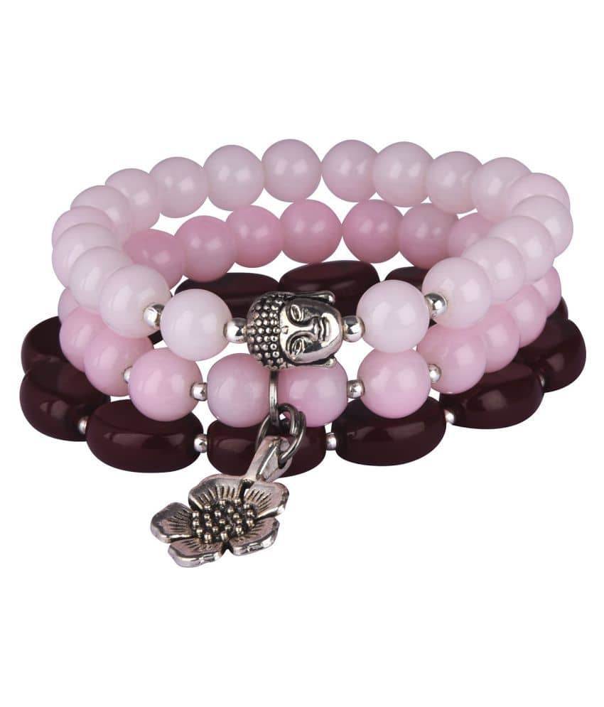 Modern Fusion Light Pink & Baby Pink Onyx Stone with Silver Platted Buddha and Flower & Maroon Agate Oval Stone Stretchable Bracelet for Womens & Girls - Bangles & Bracelets | Buy online on ZillyBuy