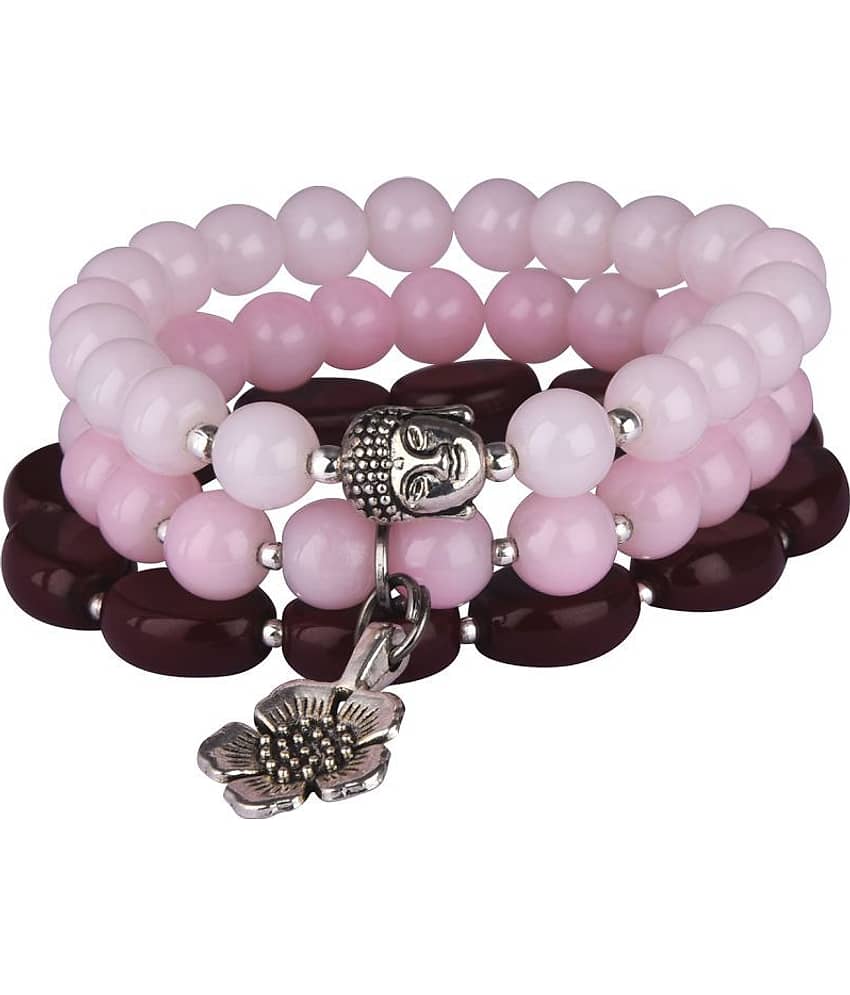 Modern Fusion Light Pink & Baby Pink Onyx Stone with Silver Platted Buddha and Flower & Maroon Agate Oval Stone Stretchable Bracelet for Womens & Girls - Bangles & Bracelets | Buy online on ZillyBuy