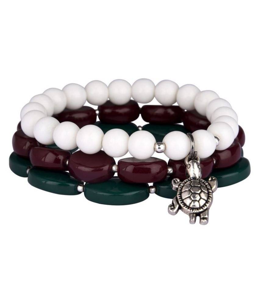     			Modern Fusion White Onyx Stone with Silver Platted Turtle & Maroon & Dark Green Oval Agate Stone Stretchable Bracelet for Womens & Girls