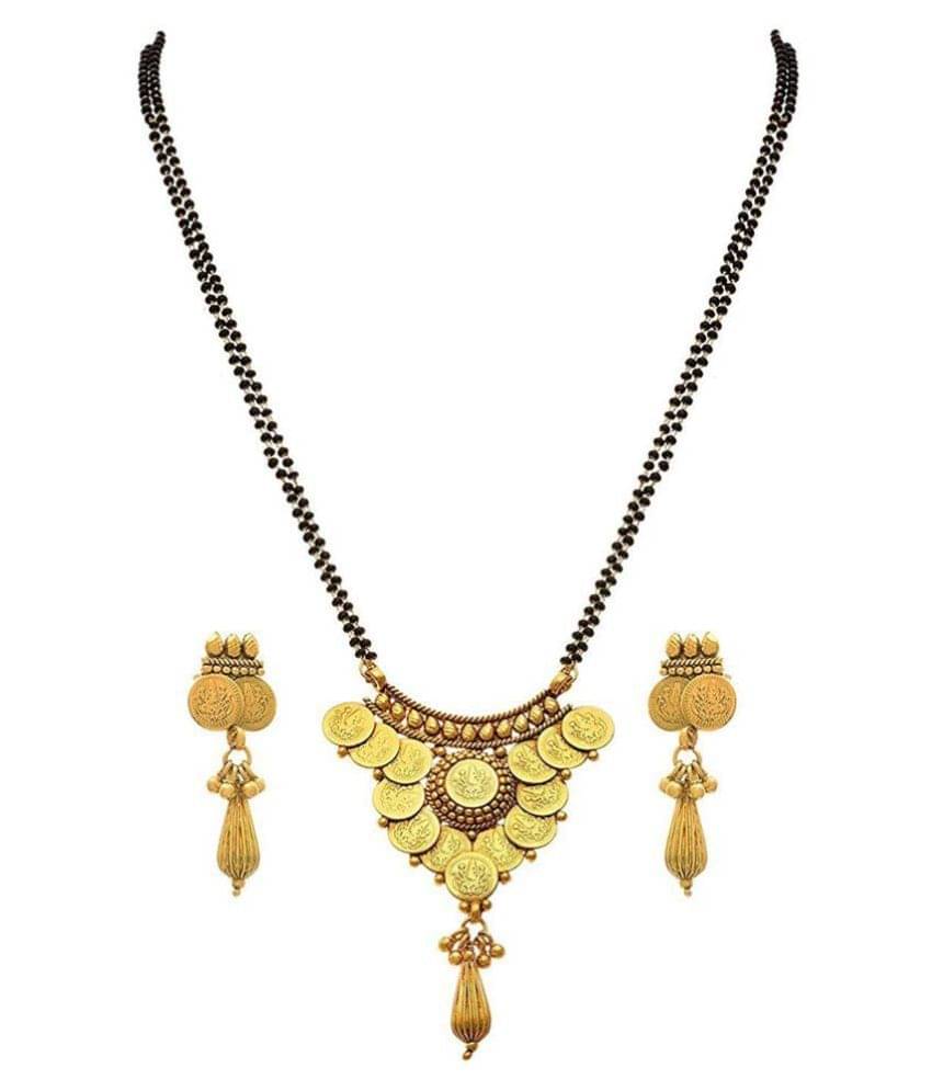 Traditional Ethnic Temple Goddess Laxmi One Gram Gold Plated Coin Mangalsutra with Black Beaded Double Chain and Earrings for Women     			Traditional Ethnic Temple Goddess Laxmi One Gram Gold Plated Coin Mangalsutra with Black Beaded Double Chain and Earrings for Women