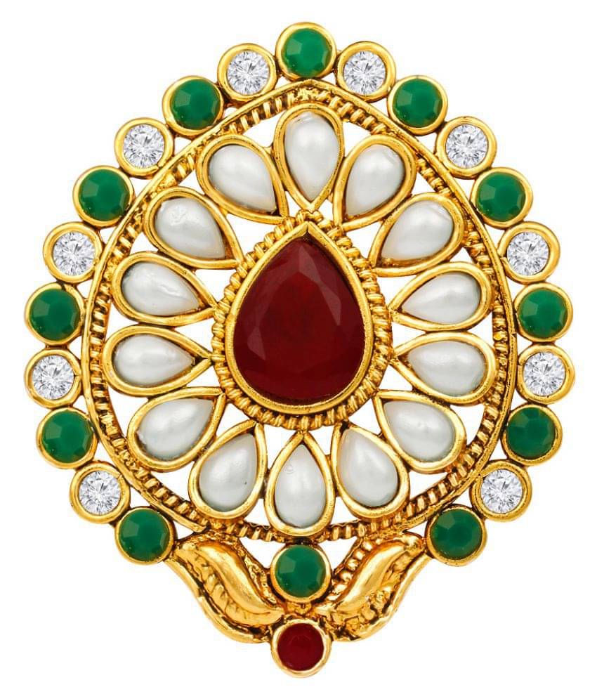 Spargz Antique Gold Plated Multicolor AD Stone with Pearls Traditional Adjustable Finger Ring For Women AIFR 127     			Spargz Antique Gold Plated Multicolor AD Stone with Pearls Traditional Adjustable Finger Ring For Women AIFR 127
