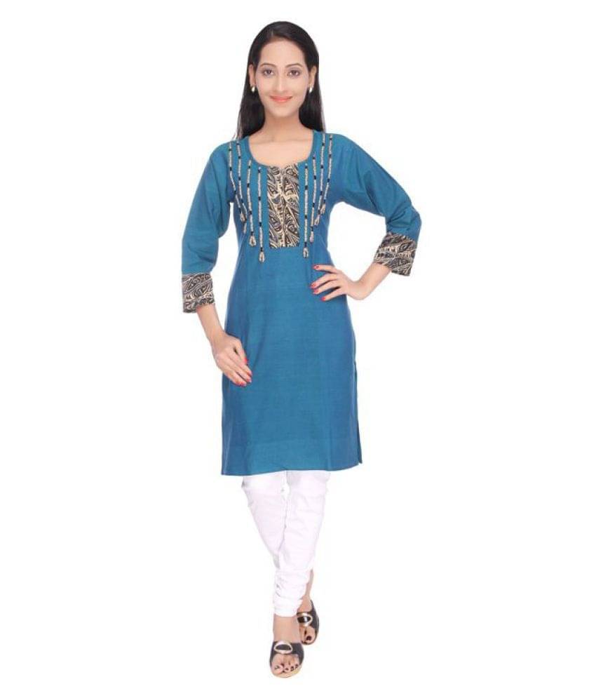Viniyog Blue Cotton Straight Kurti     			Viniyog Blue Cotton Straight Kurti