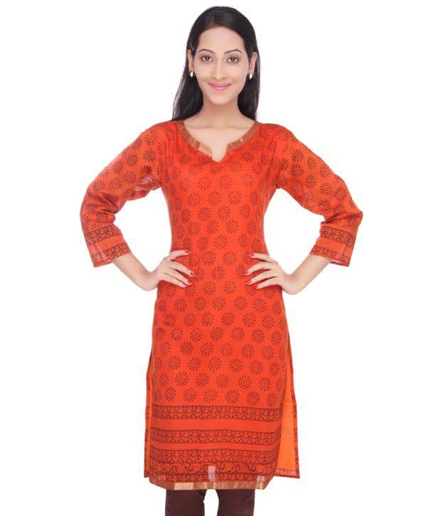Viniyog Orange Cotton Silk Straight Kurti - Kurtis, Tunics | Buy online on ZillyBuy