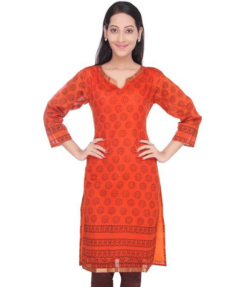 Viniyog Orange Cotton Silk Straight Kurti - Kurtis, Tunics | Buy online on ZillyBuy