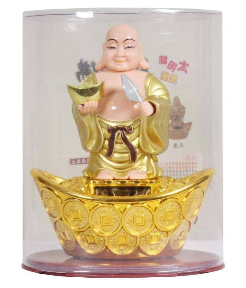     			PretttyKrafts Solar Laughing Buddha Holding Ingot and Waving Moving Head and Fan for Health Wealth and Prosperity (11.5 X 8 X 15 cm)