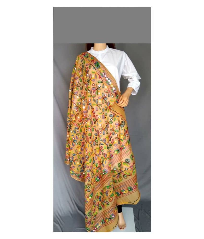 Apratim Beige Cotton Kutch Embroidered Dupatta - Dupattas & Shawls | Buy online on ZillyBuy