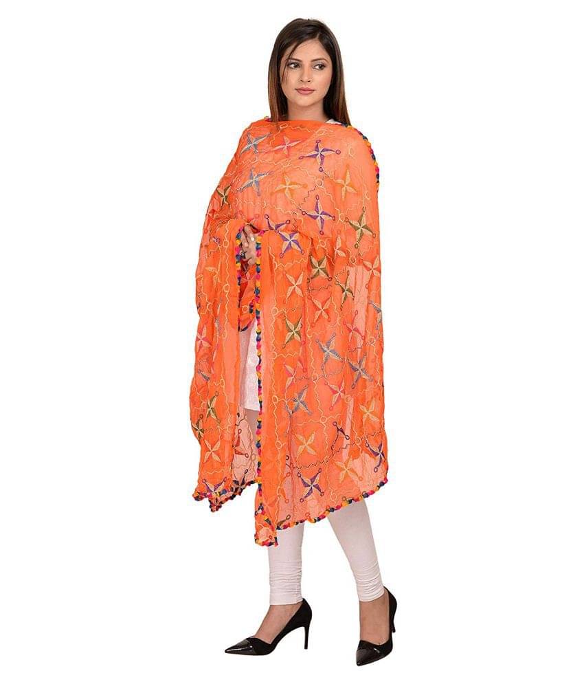     			Apratim Orange Chiffon Phulkari Dupatta