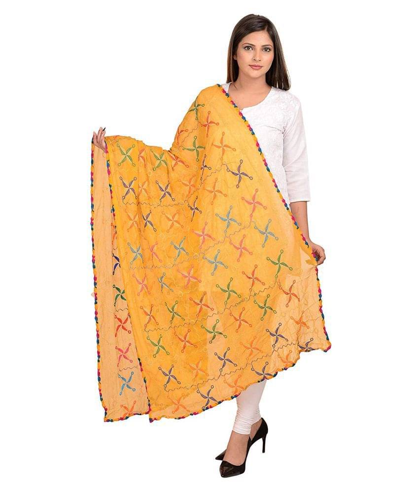     			Apratim Yellow Chiffon Phulkari Dupatta