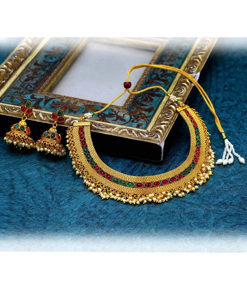 Asmitta Jewellery Copper Golden Choker Traditional Gold Plated Necklaces Set Asmitta Jewellery Copper Golden Choker Traditional Gold Plated Necklaces Set