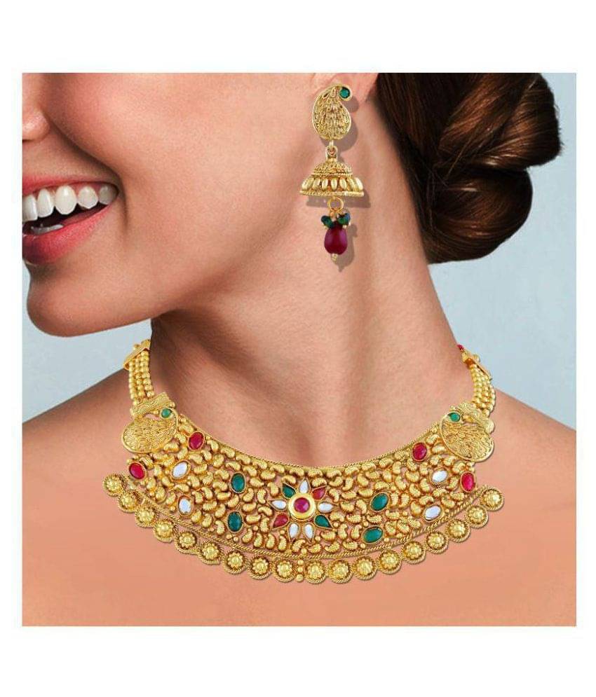 Asmitta Jewellery Zinc Golden Choker Traditional Gold Plated Necklaces Set Asmitta Jewellery Zinc Golden Choker Traditional Gold Plated Necklaces Set