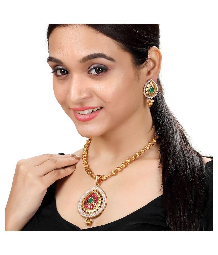     			Asmitta Traditional Designer Pear Shape High Gold Plated Matinee Style Pendant Set For Women