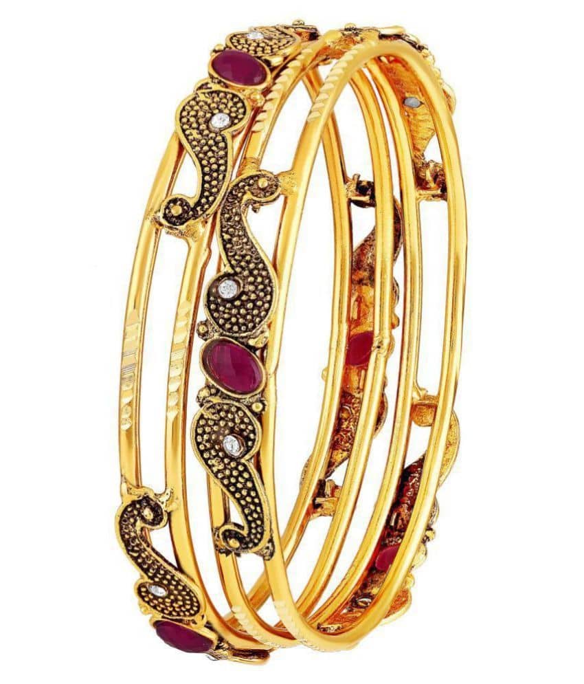 Asmitta Traditional Oxidised Brass Gold Plated White & Pink Stone Set of 2 Bangle Set For Women - Bangles & Bracelets | Buy online on ZillyBuy