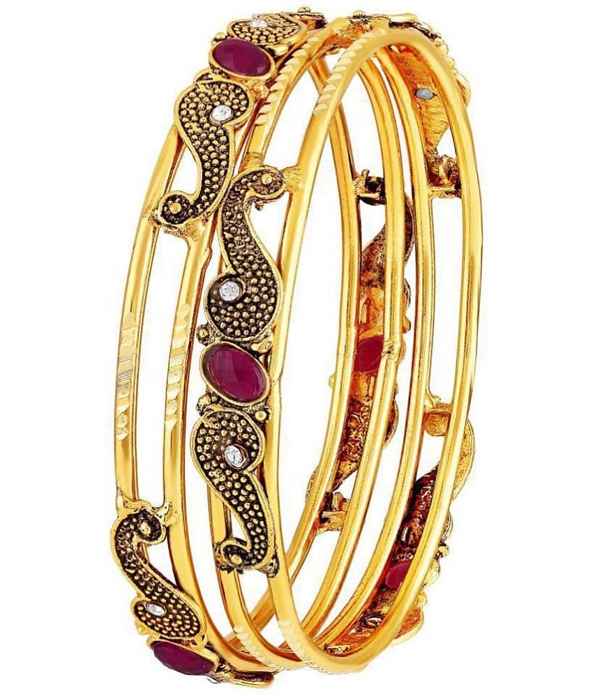 Asmitta Traditional Oxidised Brass Gold Plated White & Pink Stone Set of 2 Bangle Set For Women - Bangles & Bracelets | Buy online on ZillyBuy