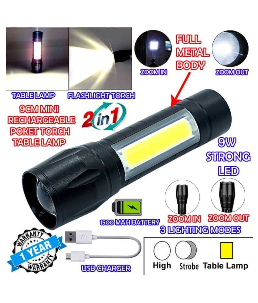 GLOBAL 2in1 3 Mode Waterproof Rechargeable LED Zoomable Metal Body COB 9W Flashlight Torch Emergency Table Lamp - Pack of 1 - Electricals | Buy online on ZillyBuy
