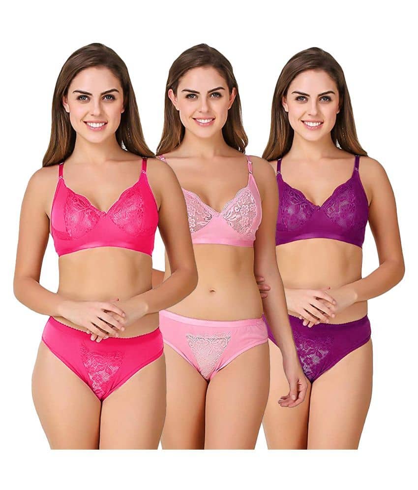 TCG Pack of 3 Cotton Lycra Women's Bra & Panty Set ( Multi Color )
