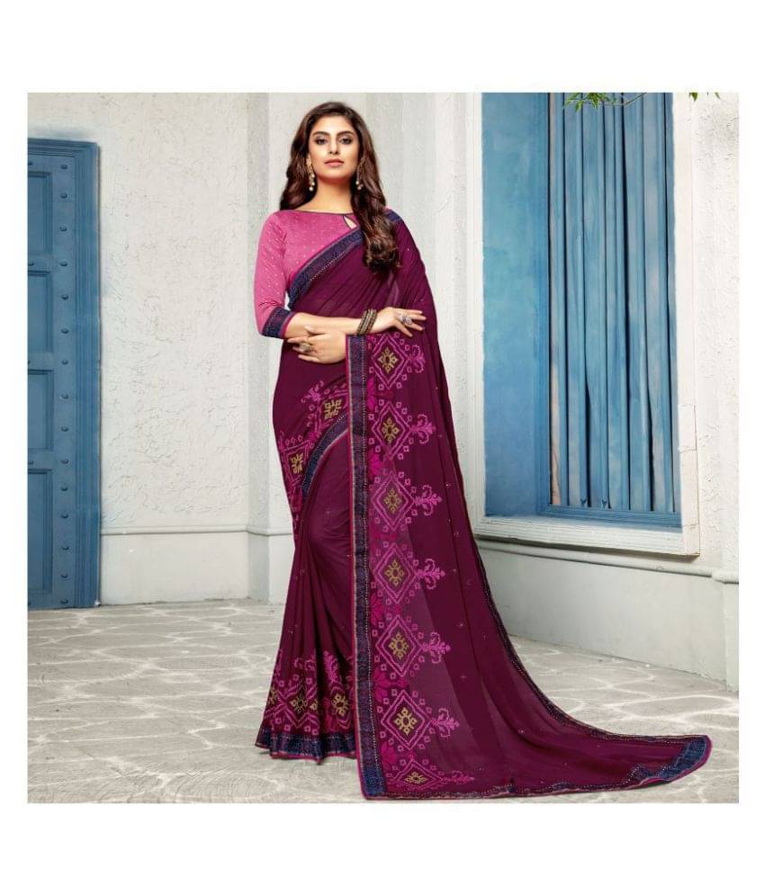 Shaily Retails Chiffon Saree With Unstitched Blouse Piece ( Maroon ) Shaily Retails Chiffon Saree With Unstitched Blouse Piece ( Maroon )