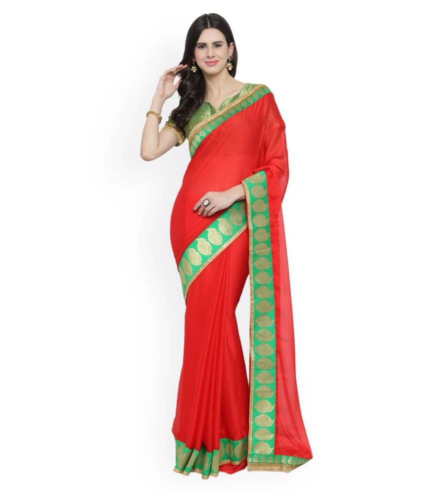 Shaily Retails Chiffon Saree With Unstitched Blouse Piece ( Red ) Shaily Retails Chiffon Saree With Unstitched Blouse Piece ( Red )