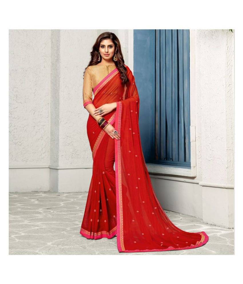Shaily Retails Chiffon Saree With Unstitched Blouse Piece ( Red ) Shaily Retails Chiffon Saree With Unstitched Blouse Piece ( Red )