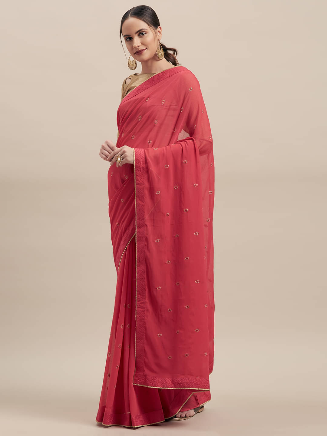 Shaily Retails Chiffon Saree With Unstitched Blouse Piece ( Pink ) Shaily Retails Chiffon Saree With Unstitched Blouse Piece ( Pink )