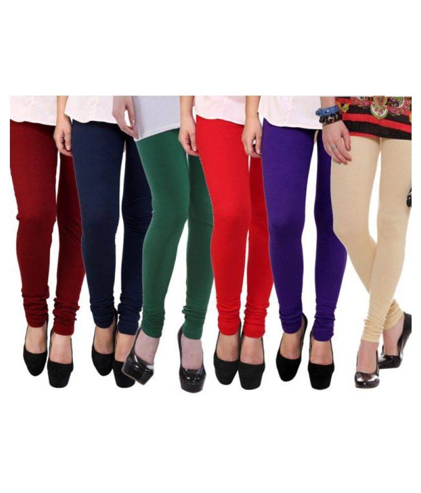     			FnMe Cotton Maroon, Blue, Green, Red, Purple, Beige Lycra Pack of 6 Leggings