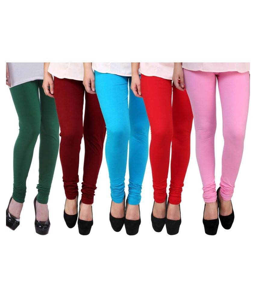    			FnMe Cotton Lycra Pink, Red, Blue, Maroon & Green Pack of 5 Leggings