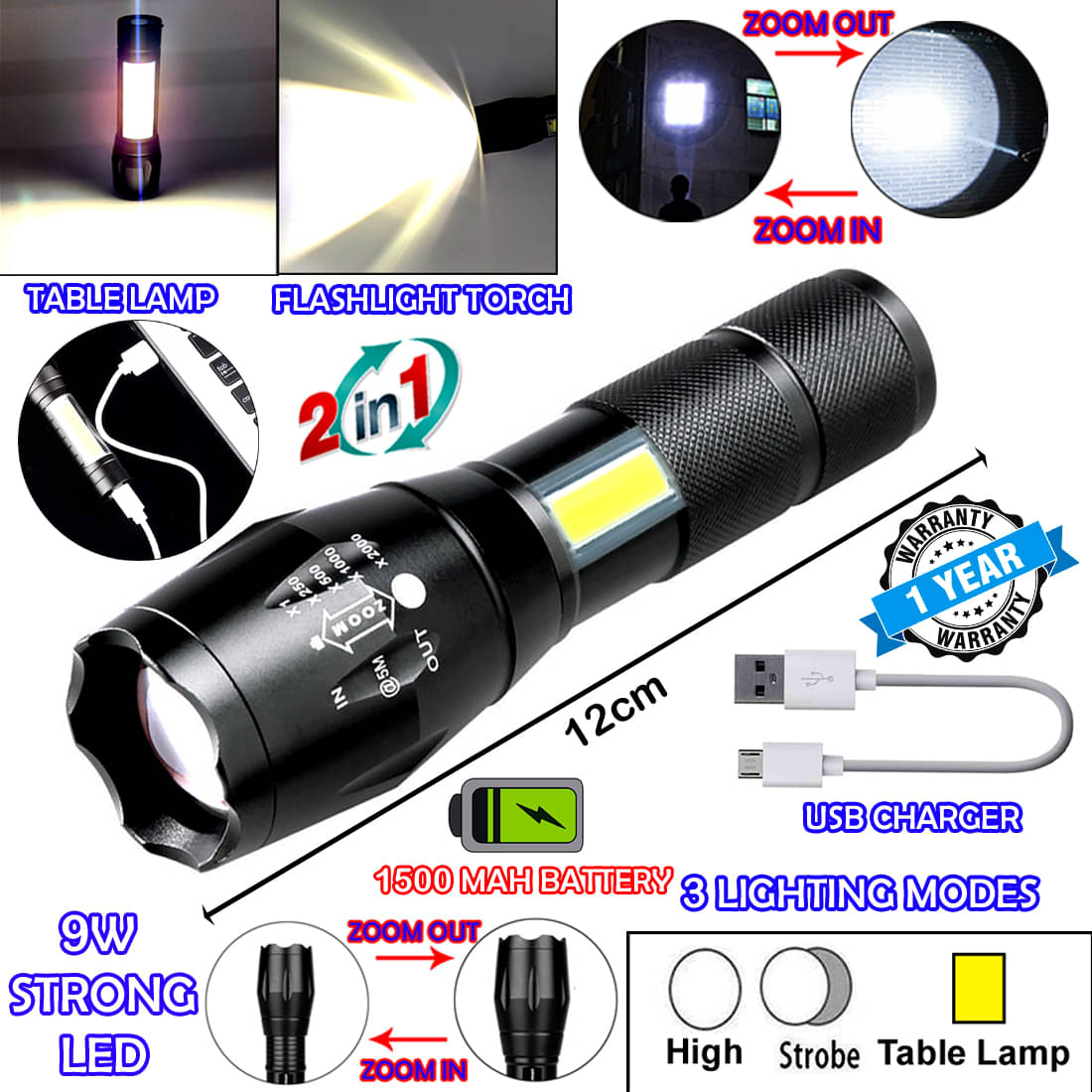     			DGM 2in1 Waterproof Rechargeable Zoomable LED 3 Mode COB Table Lamp Metal 9W Flashlight Torch Home / Outdoor Lamp - Pack of 1