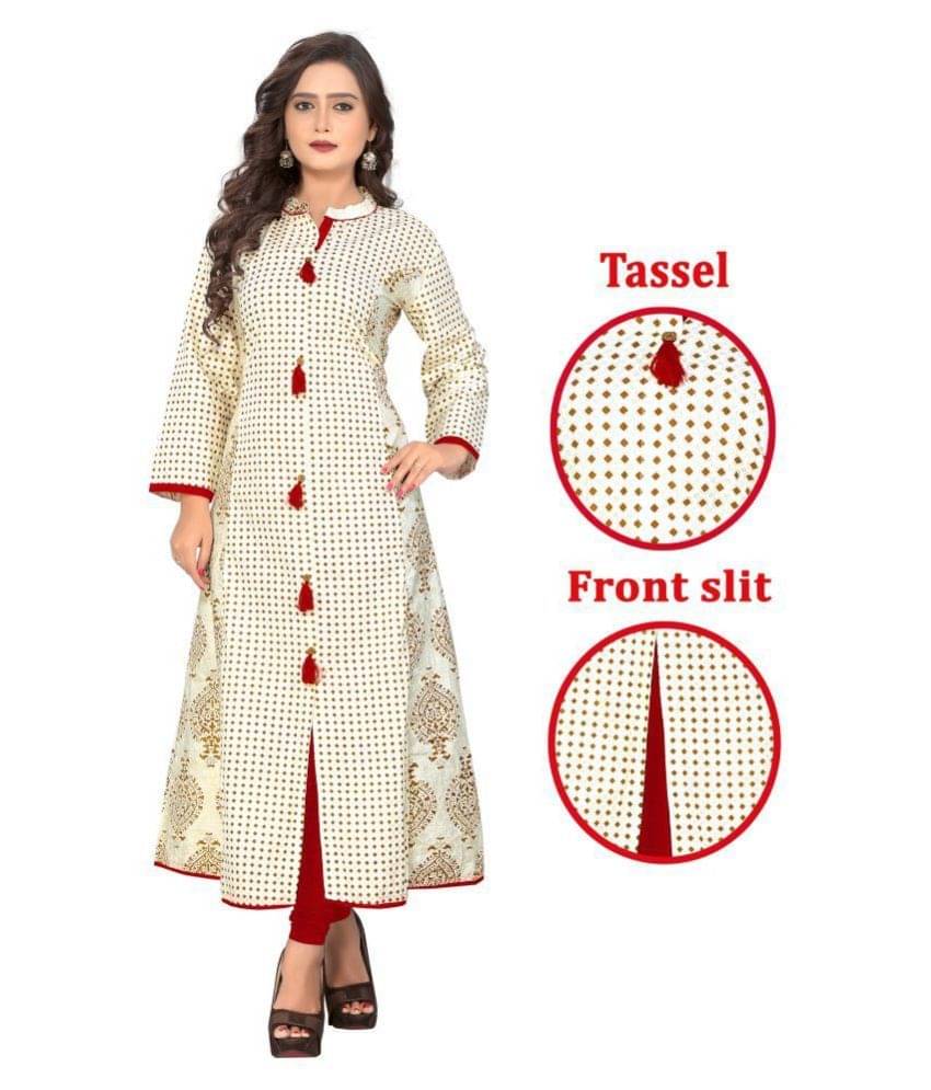     			Vbuyz White Cotton Front Slit Kurti