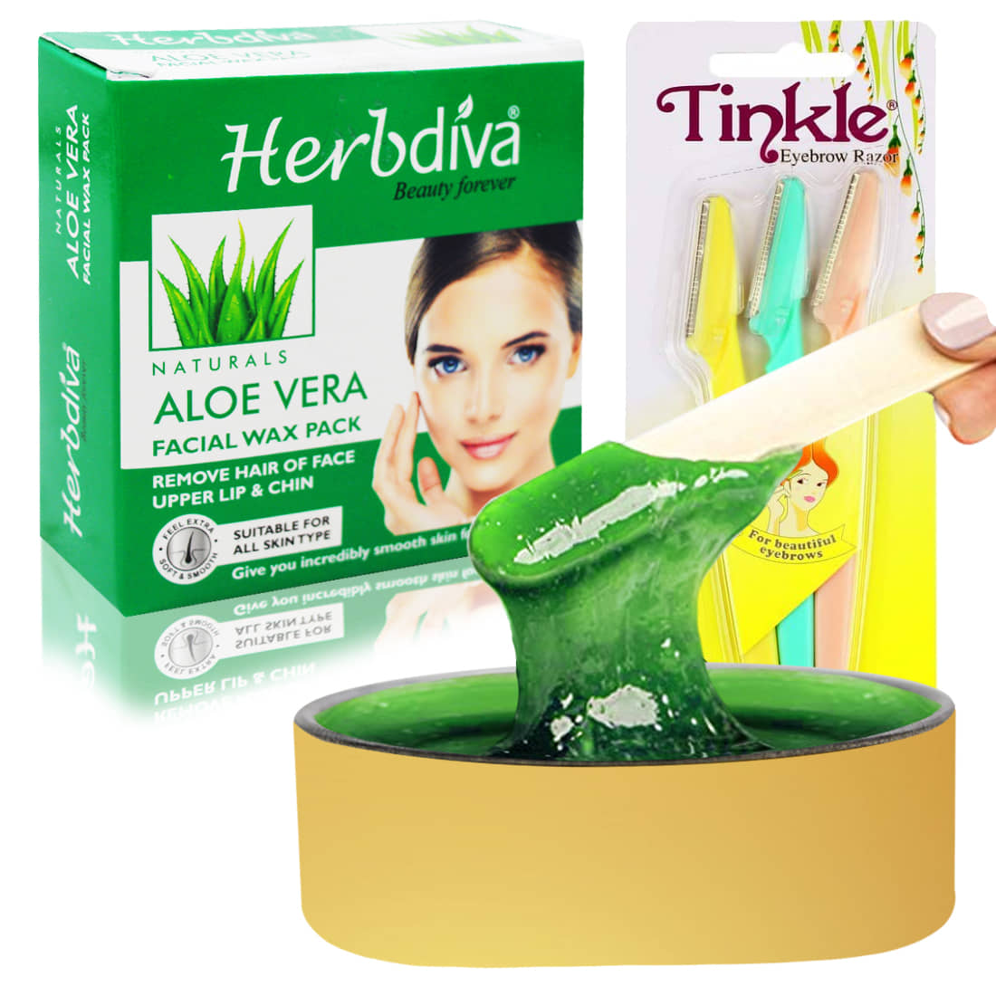 Herbdiva Katori Facial Wax Aloe Vera 80g With Eyebrow Razer, (101RZR), Pack of 2