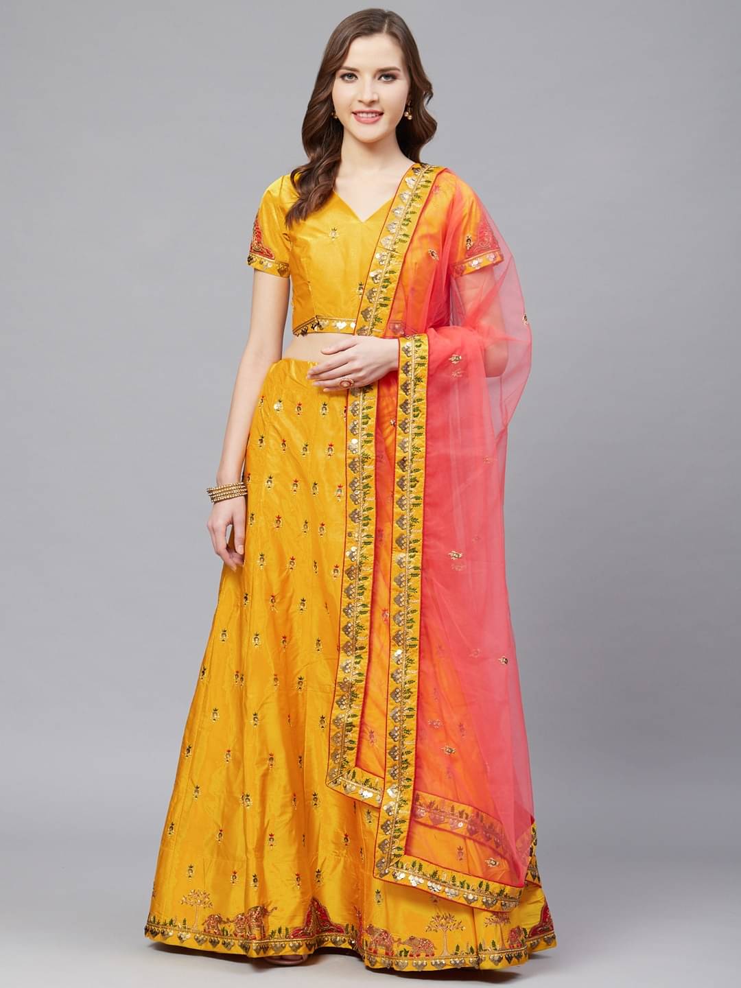 Shaily Retails Yellow Satin Circular Semi Stitched Lehenga     			Shaily Retails Yellow Satin Circular Semi Stitched Lehenga