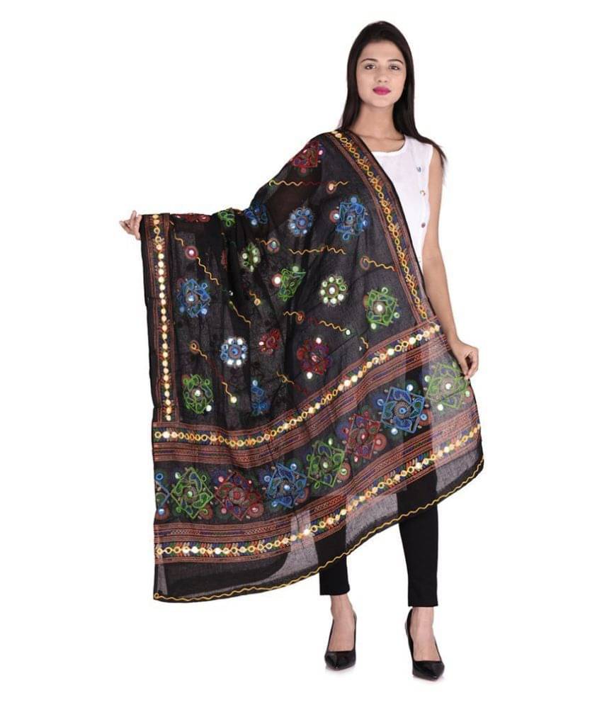     			Apratim Black Cotton Aari Embroidered Dupatta