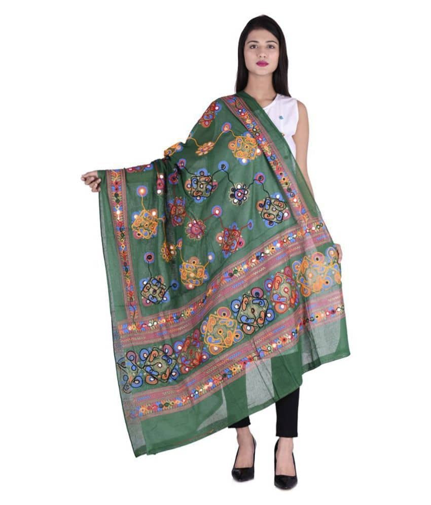 Apratim Green Cotton Kutch Embroidered Dupatta - Dupattas & Shawls | Buy online on ZillyBuy