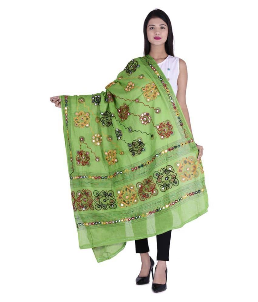 Apratim Green Cotton Kutch Embroidered Dupatta - Dupattas & Shawls | Buy online on ZillyBuy