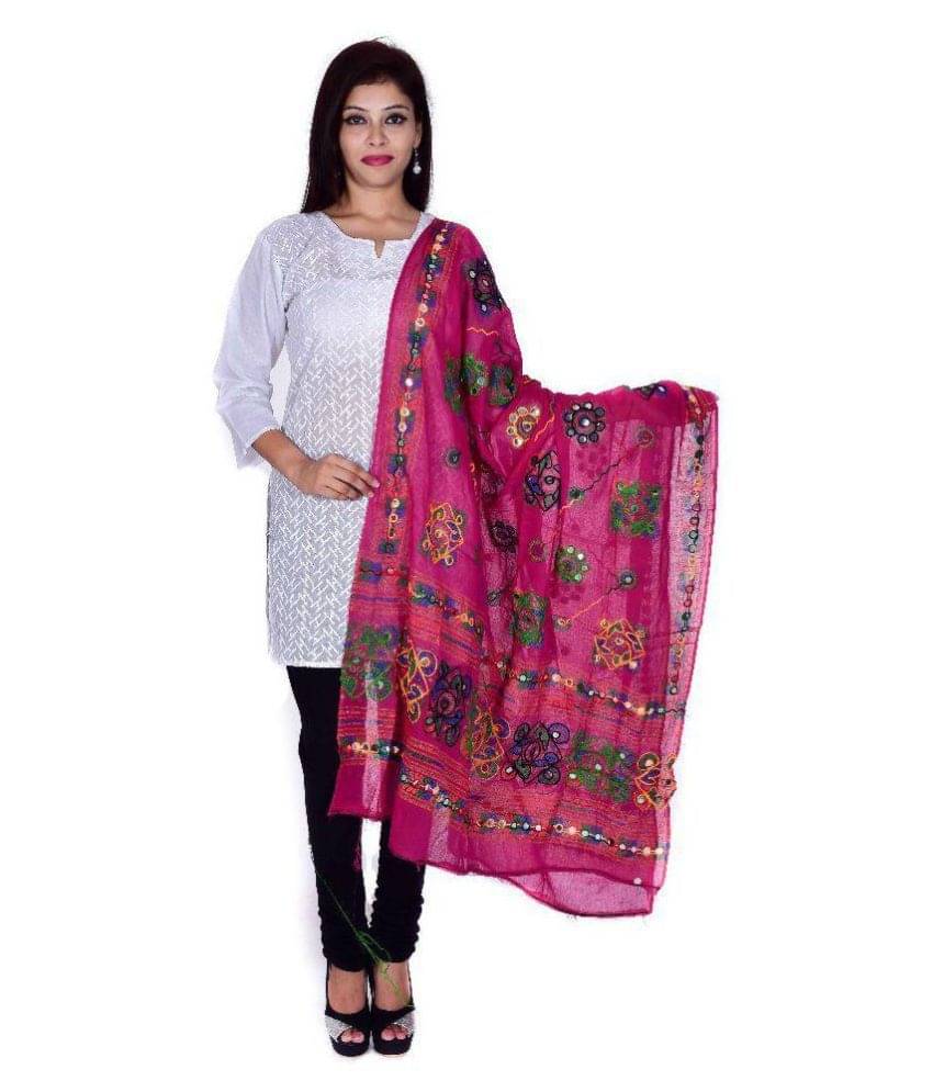     			Apratim Pink Cotton Kutch Embroidered Dupatta