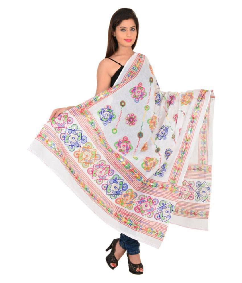     			Apratim White Cotton Kutch Embroidered Dupatta