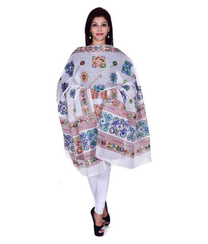     			Apratim White Cotton Kutch Embroidered Dupatta