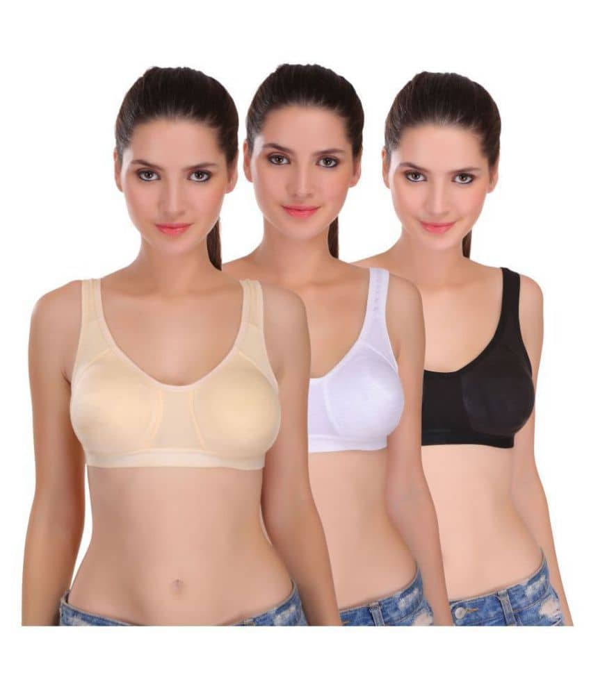 Featherline Beige,Black,White Poly Cotton Solid Sports Bra