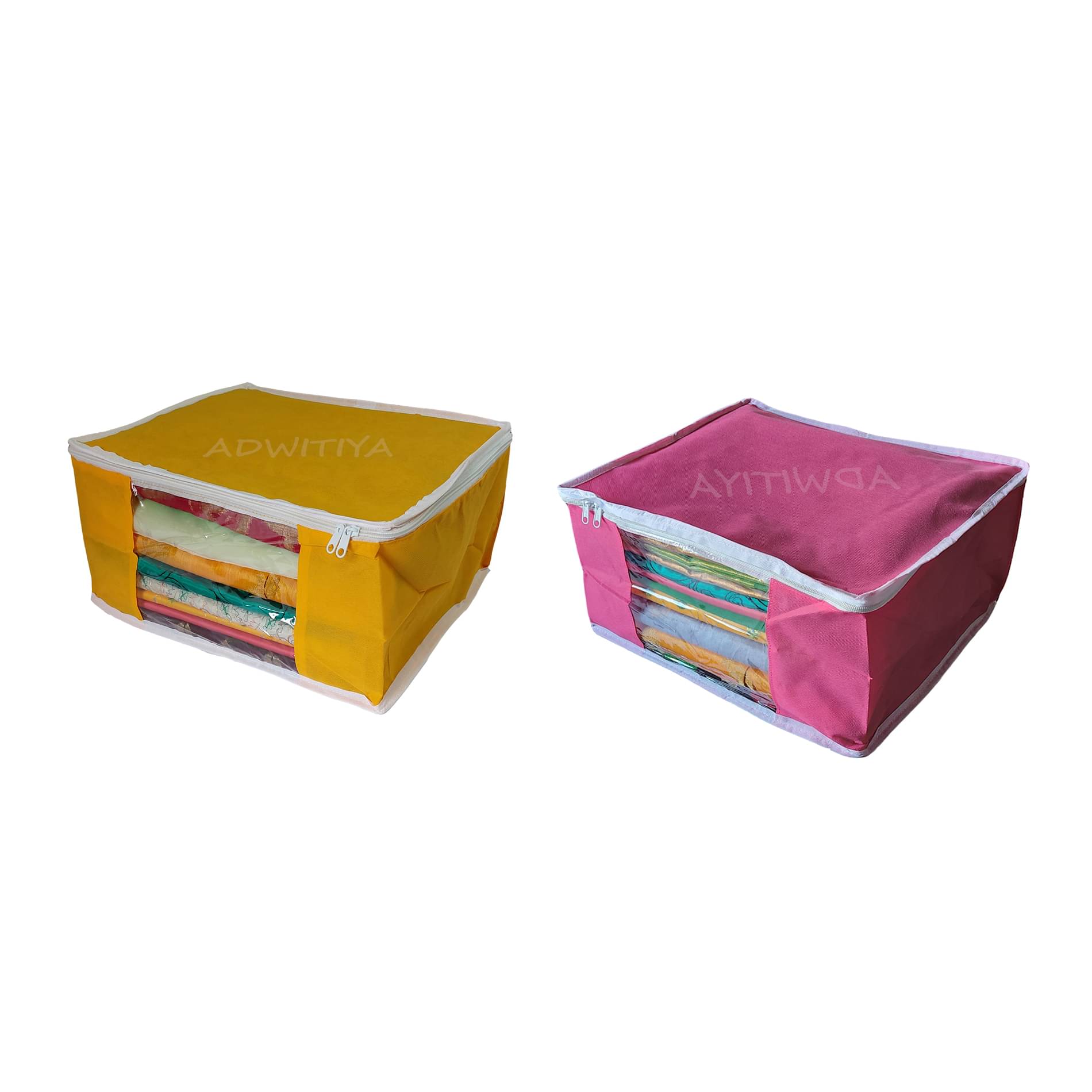     			ADWITIYA - Set of 2 - Plain White Border Large Nonwoven Saree Salwar Suit Shirt Jeans Bedsheet Garment Cloth Organizer Cover Case - Yellow & Pink