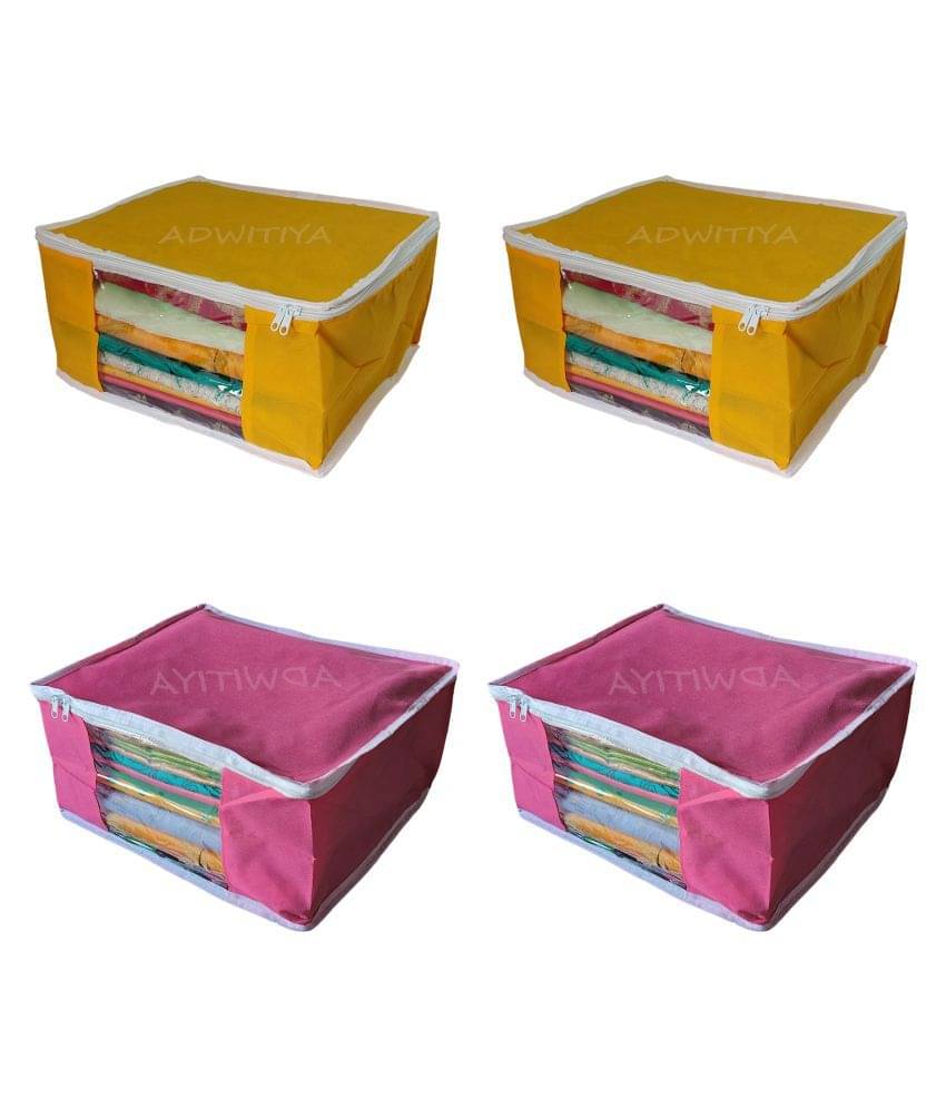 ADWITIYA - Set of 4 - Plain White Border Large Nonwoven Saree Salwar Suit Shirt Jeans Bedsheet Garment Cloth Organizer Cover Case - Yellow & Pink ADWITIYA - Set of 4 - Plain White Border Large Nonwoven Saree Salwar Suit Shirt Jeans Bedsheet Garment Cloth Organizer Cover Case - Yellow & Pink