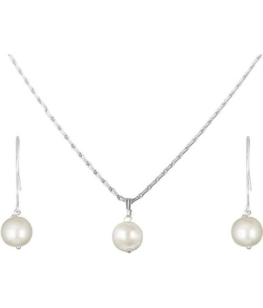 Classic Silver Plated Designer Three Color Pearl Pendant Set with Drop Earrings for Women & Girls Office and Casual Wear (925 Sterling Silver Design)