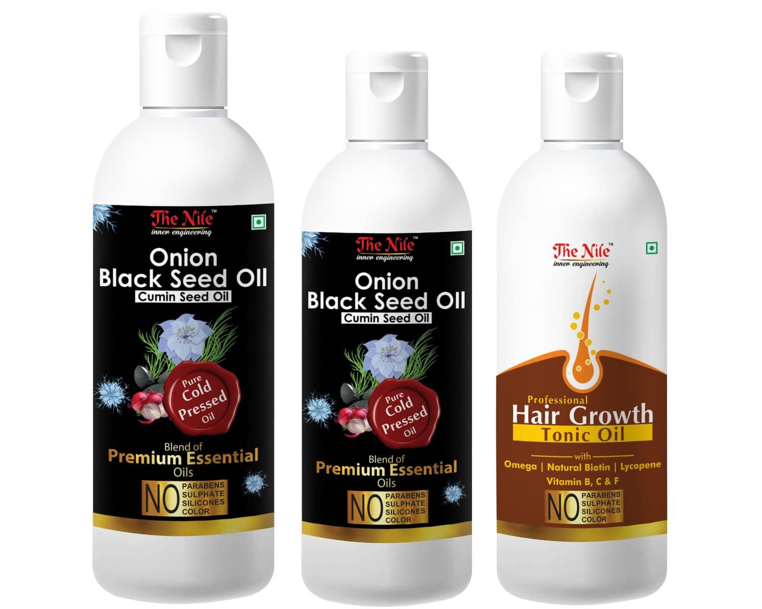 The Nile Onion Blackseed 150 + 100 ML (250 Ml) + Hair Tonic 100 ML 350 mL Pack of 3