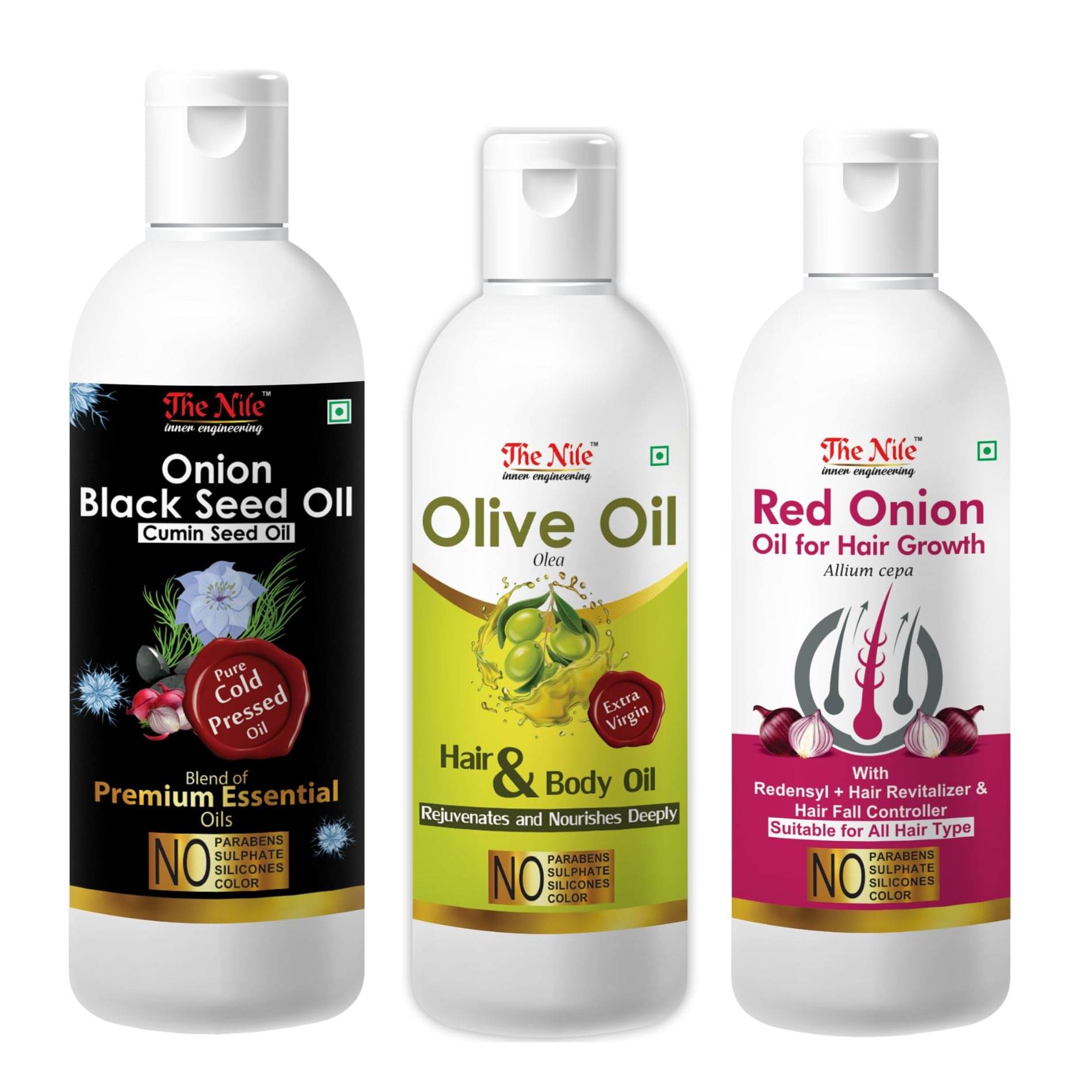 The Nile Onion Blackseed 150 ML + Olive 100 Ml + Red Onion Oil 100 Ml 350 mL Pack of 3 The Nile Onion Blackseed 150 ML + Olive 100 Ml + Red Onion Oil 100 Ml 350 mL Pack of 3