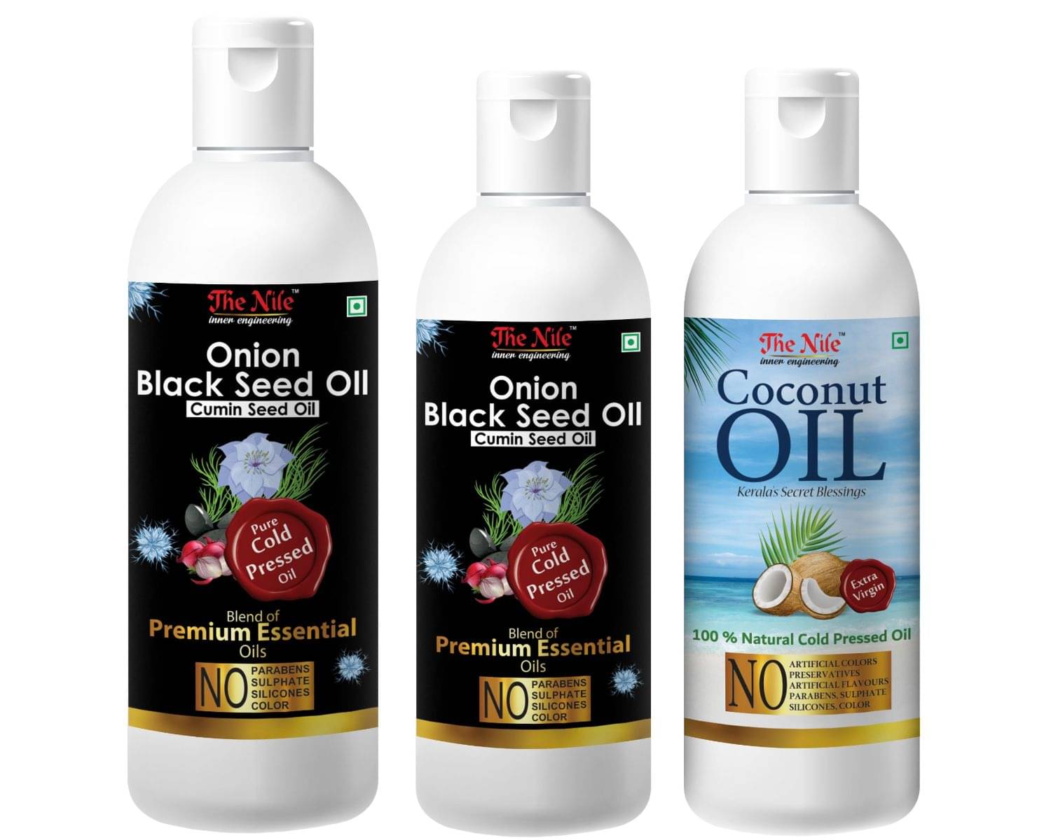     			The Nile Onion Blackseed 150 + 100 ML (250 ML) + Coconut Oil 100 Ml 350 mL Pack of 3
