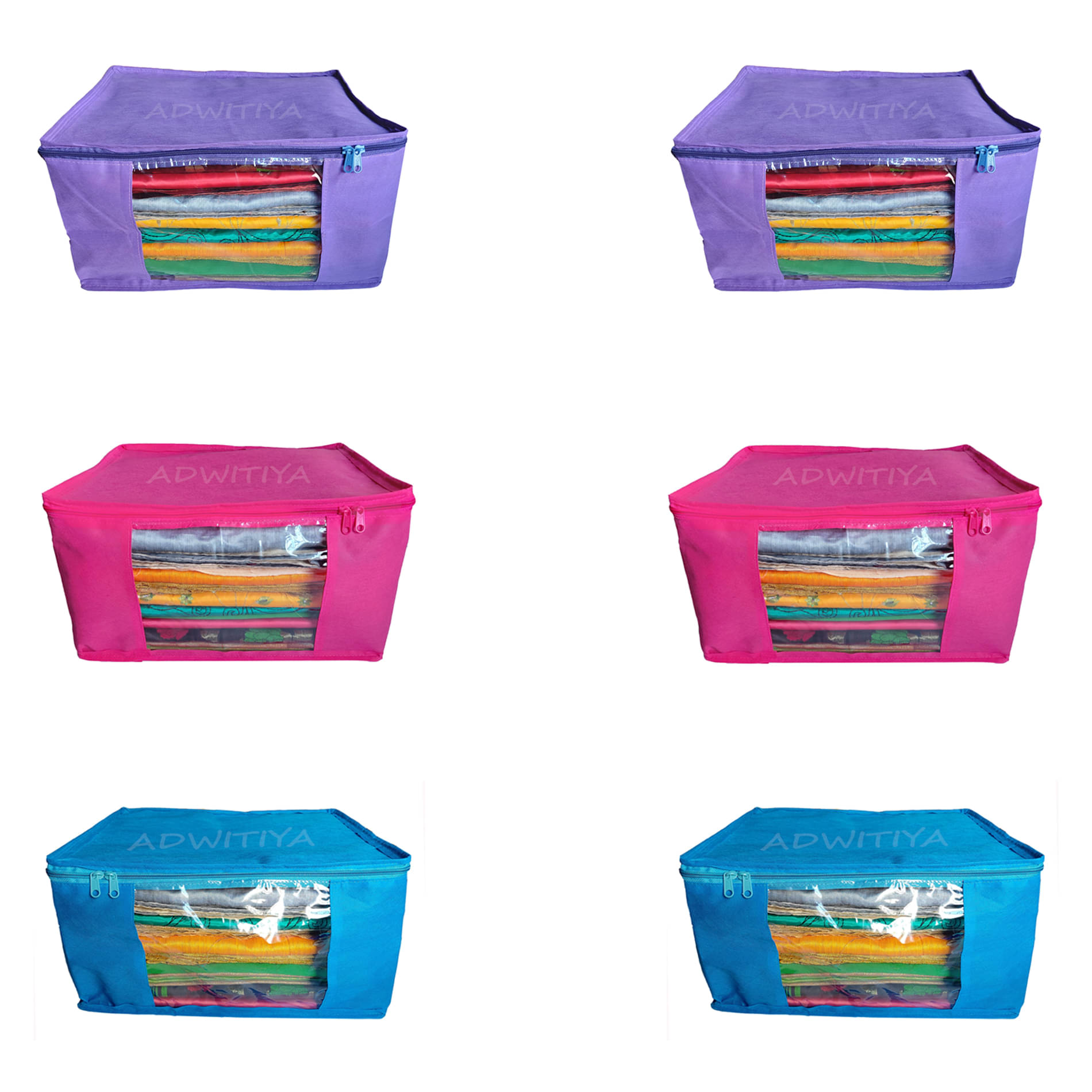     			ADWITIYA - Set of 6 Pcs Plain 9 inch Large Nonwoven Saree Salwar Suit Shirt Jeans Bedsheet Garment Cloth Organizer Cover Case - Purple, Pink & Blue
