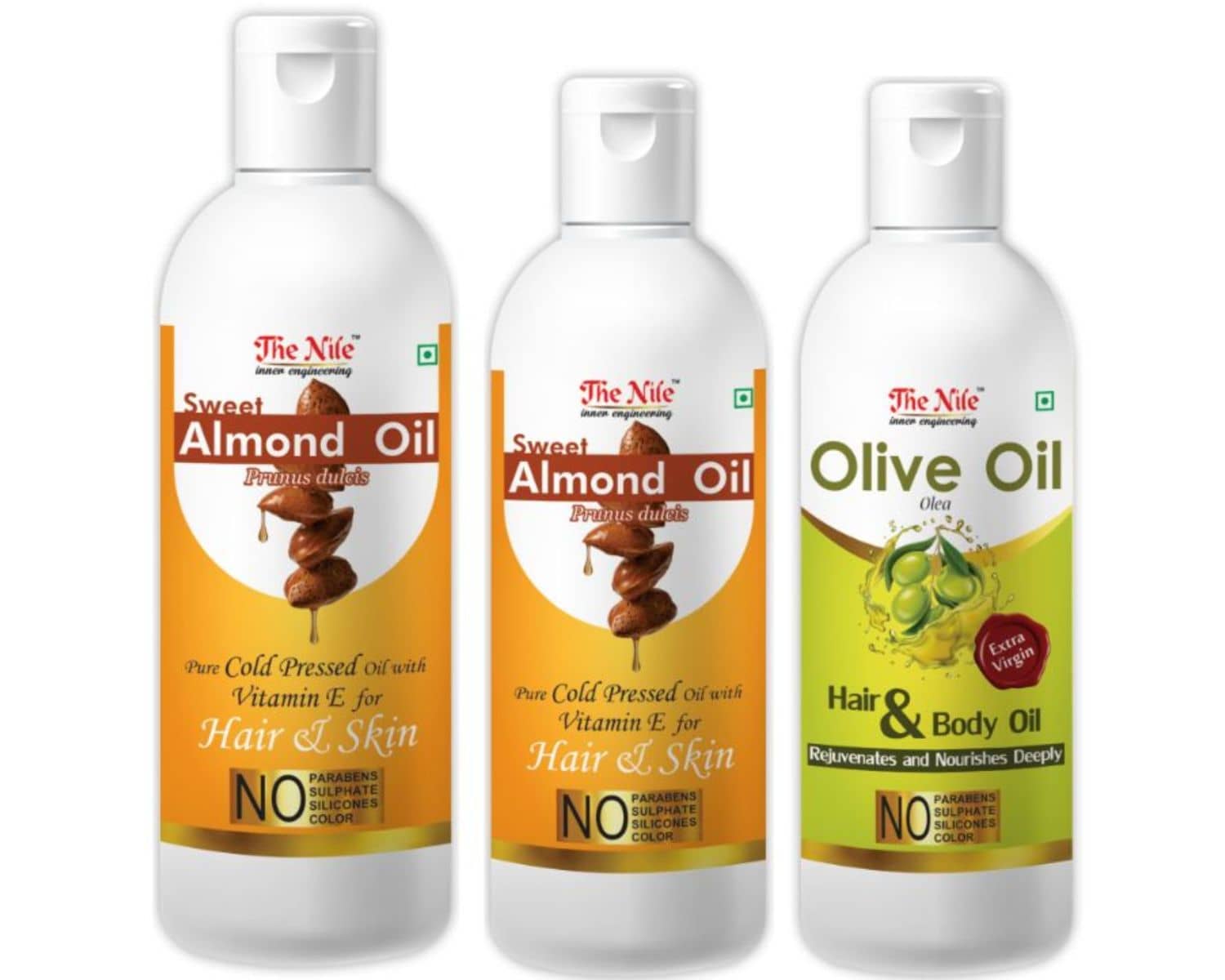 The Nile Almond Oil 150 Ml + 100 Ml (250 ML) + Olive Oil 100 ML 350 mL Pack of 3