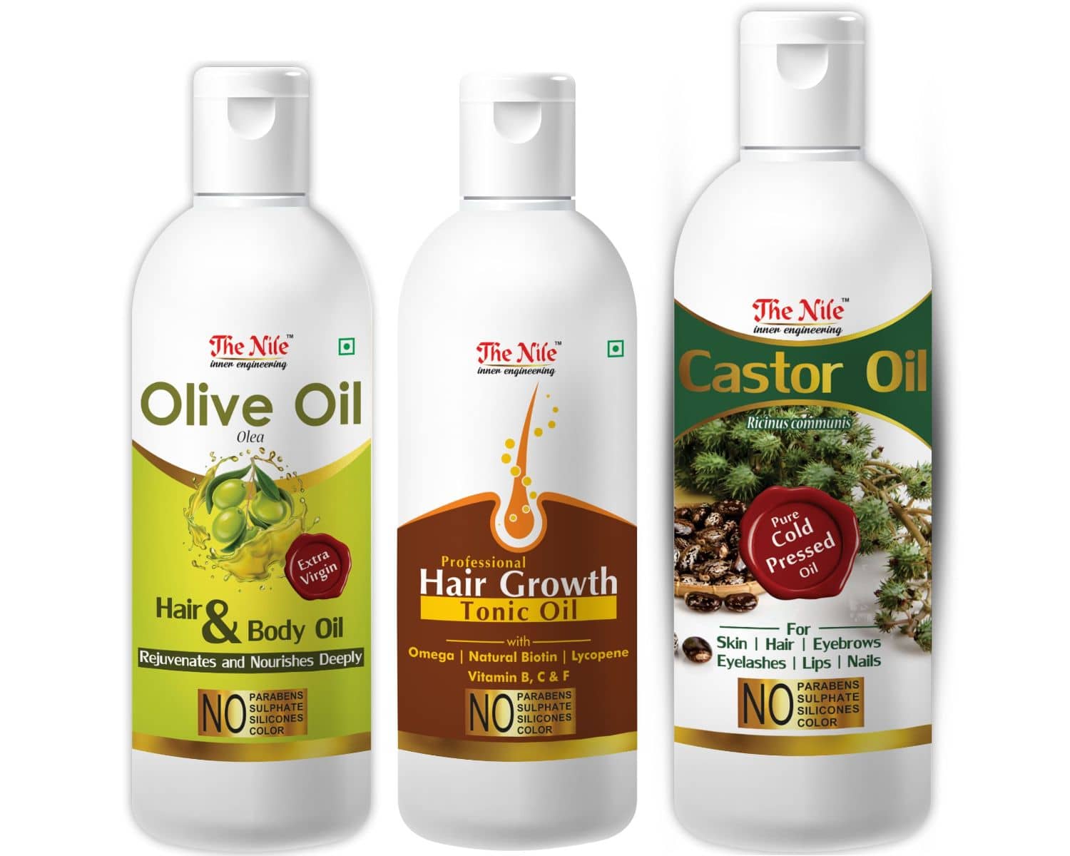 The Nile Castor Oil 150 ML + Hair Tonic 100 Ml + Olive Oil 100 ML 350 mL Pack of 3